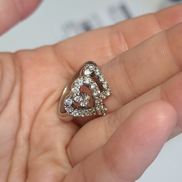 Vintage Sterling Silver Crystal Double Heart Ring 6.25 - Picture 7 of 13